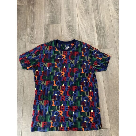 Polo Ralph‎ Lauren Men's Navy All Over Stacked Logo Print Crew-Neck T-Shirt Sz M - Picture 1 of 7
